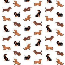 Cartoon Happy Dachshund - Simple Trendy Pattern With Different Dogs. Flat Illustration For Prints, Clothing, Packaging And Postcards. 