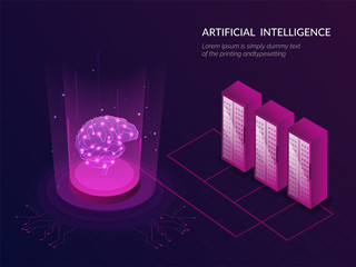 Wall Mural - artificial intelligence (ai) responsive web template isometric illustration of servers, brain betwee