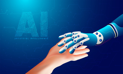 Wall Mural - futuristic concept for artificial intelligence and virtual world. robotic hand and human hand connec