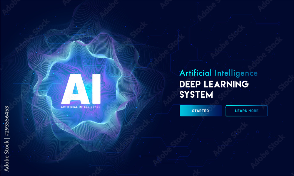 Artificial Intelligence (AI) landing page design, hi-tech blockchain network on neural network background. - obrazy, fototapety, plakaty 