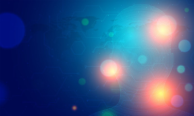 Wall Mural - responsive web banner design, illustration of human face made by tiny particles between glowing digi