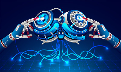 Poster - Artificial Intelligence (AI) concept based banner or poster design with 3d illustration of robotic hands touching robotic brain for machine learning.