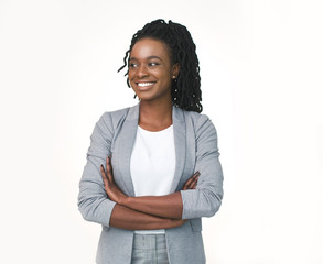 Positive Black Business Lady Posing Crossing Hands Over White Background