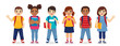 Smiling school children boys and girls with backpacks and books set isolated vector illustration. Multiethnic cute kids.