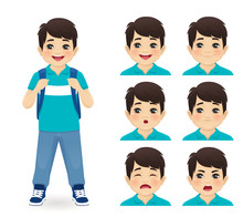 School Asian Boy With Backpack Emotions Set Isolated Vector Illustration