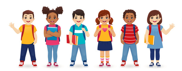 smiling school children boys and girls with backpacks and books set isolated vector illustration. mu