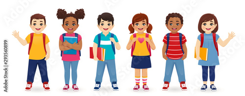 Cuadros en Lienzo Smiling school children boys and girls with backpacks and books set isolated vector illustration