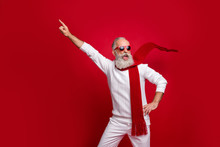 Cool Santa Character Aged Man Directing Finger On Advert Banner Wear Sun Specs Knitted Clothes Isolated Red Background