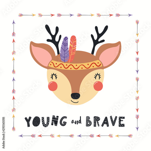 Hand drawn vector illustration of a cute tribal deer in headband with feather...