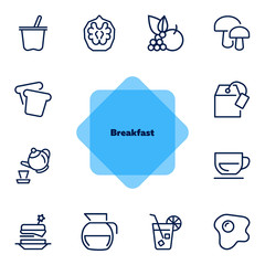 Poster - Breakfast line icon set. Set of line icons on white background. Food concept. Coffee, tea, bread. Vector illustration can be used for topics like food, cafe, breakfast