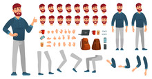 Cartoon Male Character Kit. Man In Casual Clothing, Different Hands, Legs Poses And Facial Emotion. Characters Constructor Vector Set
