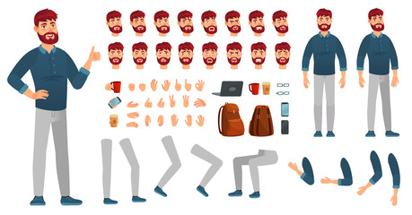 cartoon male character kit. man in casual clothing, different hands, legs poses and facial emotion. 