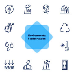 Poster - Environment protection line icon set. Factory, recycling, water drops. Ecology concept. Can be used for topics like nature, industrial pollution, global warming