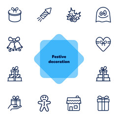 Sticker - Festive decoration line icon set. Set of line icons on white background. Festive concept. Bells, gingerbread, present. Vector illustration can be used for topics like Christmas, new year, decoration