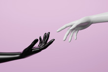 Black And White Mannequin Hand On Pink Background. 3D Render Image.