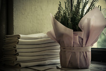Branches Of Heather In A Flowerpot, Wrapped In Pink Paper And Tied With A Decorative Ribbon. On The Windowsill. Folded White Towels In The Background. Textured Wall. Horizontal Orientation.