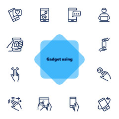 Sticker - Gadget using line icon set. Smiley, chatting, double tap. Electronic devices concept. Can be used for topics like manual, smartphone features, gesture