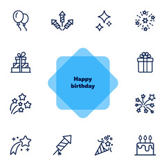 Sticker - Happy birthday icon set. Line icons collection on white background. Firework, firecracker, gift. Celebration concept. Can be used for topics like holiday, party, surprise