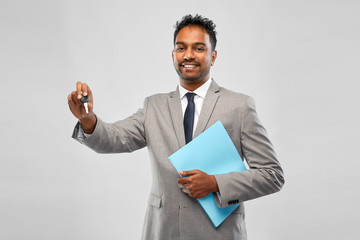 Sticker - auto business, sale and people concept - happy indian man showing car key