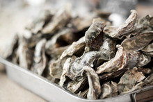 Close Up Of Fresh Oysters In Big Plate For Sale Outdoor