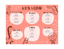 Kids Menu Doodle Illustration With Animals. Simple Food Vector Background. Brochure Layout Template Design.