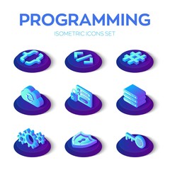 Wall Mural - programming and development icons set. 3d isometric software development icons. digital industry. co