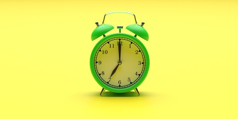 Alarm clock vintage on yellow color background. 3d illustration