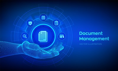 Wall Mural - DMS. Document Management Data System. Document icon in robotic hand. Corporate data management system. Privacy data protection. Business Internet Technology Concept. Vector illustration.