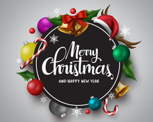 Merry Christmas Vector Banner. Merry Christmas Greetings Card With Circle Frame For Text And Messages With Colorful Xmas Decor Elements In Gray Background. Vector Illustration. 