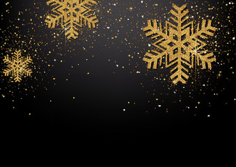 Black Christmas Background with Golden Glittering Snowflakes and Gold Glitters - Graphic Design for Xmas Greetings and etc., Vector