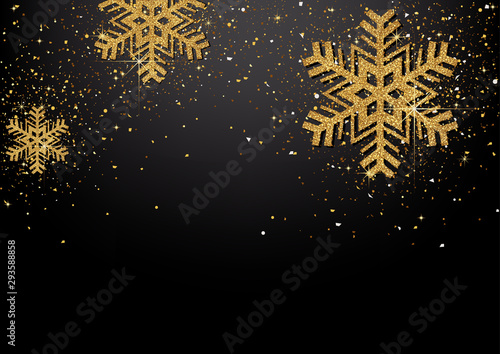 Black Christmas Background with Golden Glittering Snowflakes and Gold Glitter...