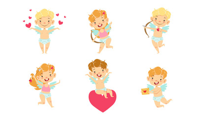 Sticker - Happy Baby Angels with Wings Set, Adorable Boys And Girls Cupids Cartoon Characters Vector Illustration