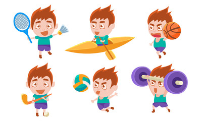 Sticker - Boy Playing Different Sports Set, Boy Boxing, Playing Hockey, Badminton, Basketball, Volleyball, Lifting Barbell Vector Illustration