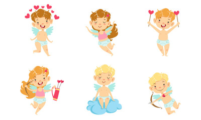 Sticker - Adorable Happy Baby Angels with Wings Set, Lovely Boys And Girls Cupids Cartoon Characters Vector Illustration