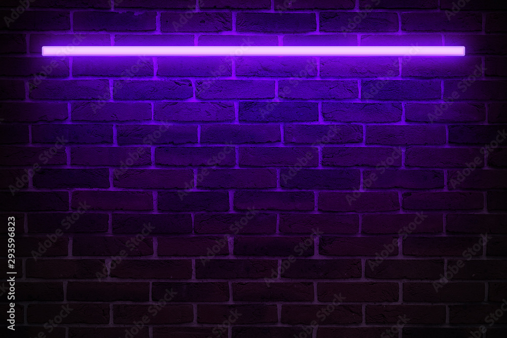 Background texture of empty red brick wall with violet neon light lamp ...