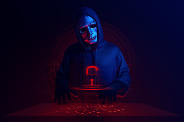 Wall Mural - hacker man wear mask terrorist with virus computer attack robbery to unlock server network system on