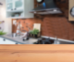 Wall Mural - abstract blur inside interior contemporary kitchen loft decoration style with wood plank perspective background for show promote content ,product on disply