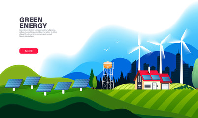 Alternative energy landing page template with solar panels and wind turbines. Ecological sustainable energy supply. Green energy and eco friendly house. Modern flat vector illustration.