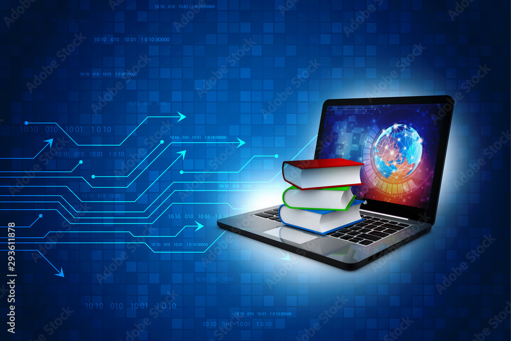 Digital library and online education concept - laptop computer with ...