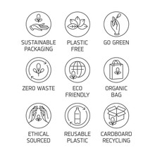 Vector Set Of Logos, Badges And Icons For Natural And Organic Products. Eco Safe Sign Design. Collection Symbol For Zero Waste And Reusable Packaging.