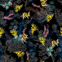 Wall Mural - Stylish Tha dark ocean night Seamless pattern prints vector Hand drawn coral sea treasure and water plants design for fashion,fabric,web wallpaper and all prints