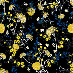 Wall Mural - Trendy yellow carnation Floral seamless pattern in the garden night. Botanical full blooming Motifs  vector texture.Design for fashion,fabric,web,wallpaper ,wrapping and all prints