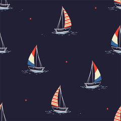 Wall Mural - Beautiful hand drawn summer beach wind surfing illustration in the ocean mixed with red polka dots  seamless pattern on vector .