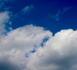 The bright blue sky with the fluffy white clouds.