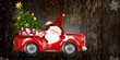 Merry Christmas design card with Santa Claus driving red car on snowy hills.