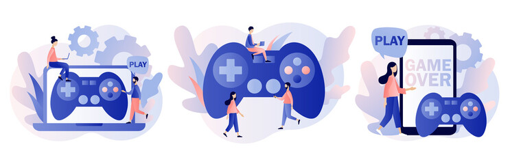 Gaming concept. People gamers playing online video game. Modern flat cartoon style. Vector illustration