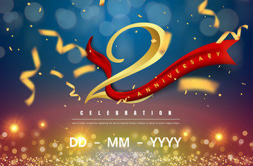 Wall Mural - 2 years anniversary logo template on gold and blue background. 2nd celebrating golden numbers with red ribbon vector and confetti isolated design elements