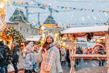 Girl Walking On Christmas Market On Red Square In Moscow