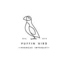 Vector Linear Logo Design Puffin Bird On White Background. Puffin Emblems Or Badges.