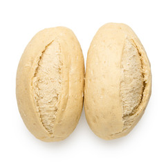 Poster - Two part baked white french bread rolls isolated on white. Top view.